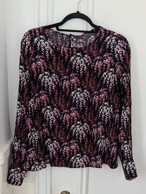 J. Crew Black Floral Long-Sleeve Blouse with Pink & White Print